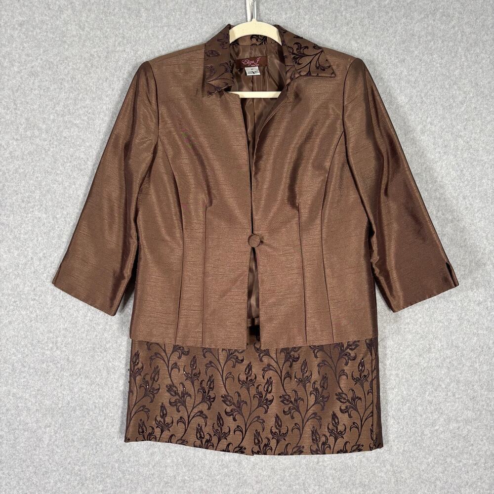 Eliza J Skirt Suit Womens 8P Bronze Floral Beaded Jacket Blazer Knee Church